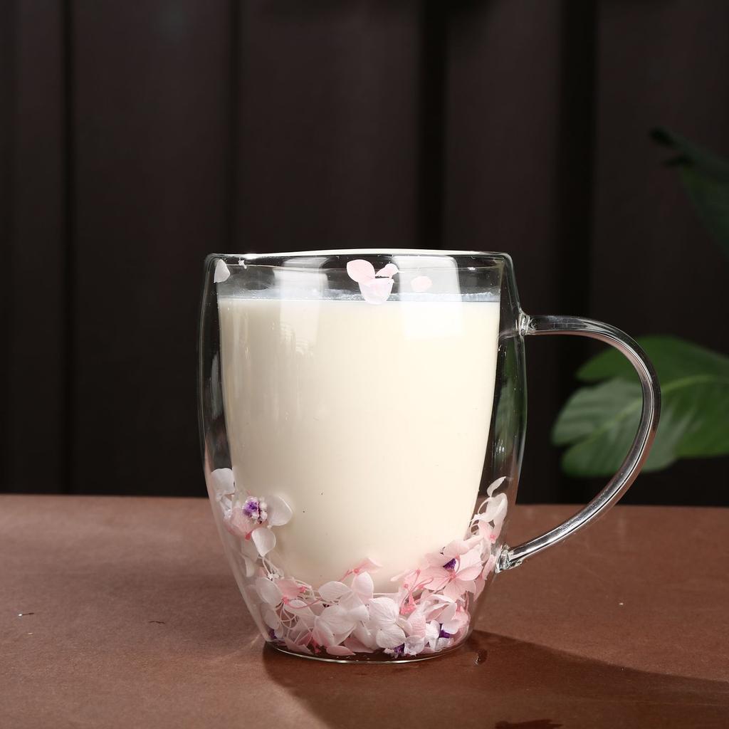 Export Double Cup Real Flower Dried Flower High Borosilicate Glass High Value Milk Cup Juice Cup Coffee Cup