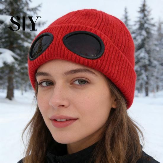 Outdoor Winter Hat Knitting Solid Color Warm Knitted with Glasses Decor Elastic Windproof Travel Cycling Daily Wear