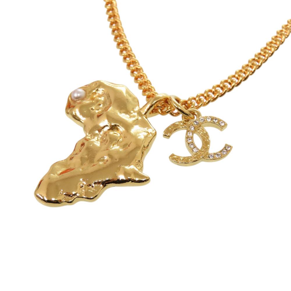 Used AUTHENTIC CHANEL CC Mark African continent motif Necklace Gold Metal Faux pearl
