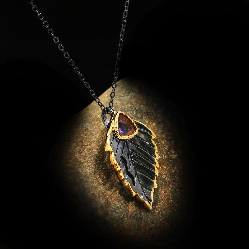 Boho Gothic Vintage Leaf Triangle Zircon Pendant Necklace Clavicle Chain Charm Jewelry Senior Lady 925  Jewelry