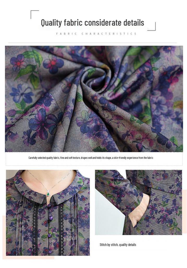 2026 Spring Retro Print Long Sleeve Knee-Length Dress for Middle-Aged and Elderly Moms - Stylish and Elegant Skirt