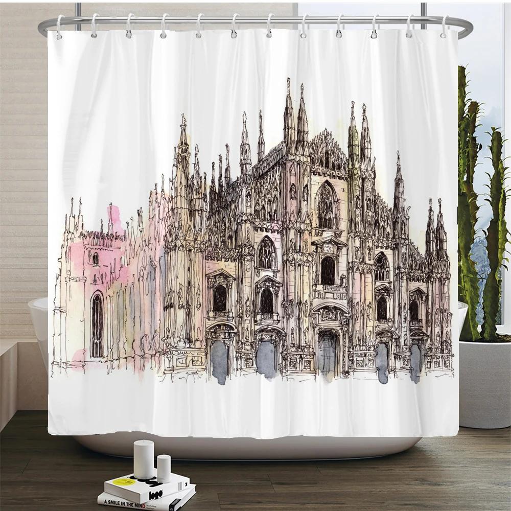 Art Line Drawing Scenery Shower Curtain Waterproof Polyester Bathroom Curtain Room Decor Bathtub Curtain Textured With Hooks