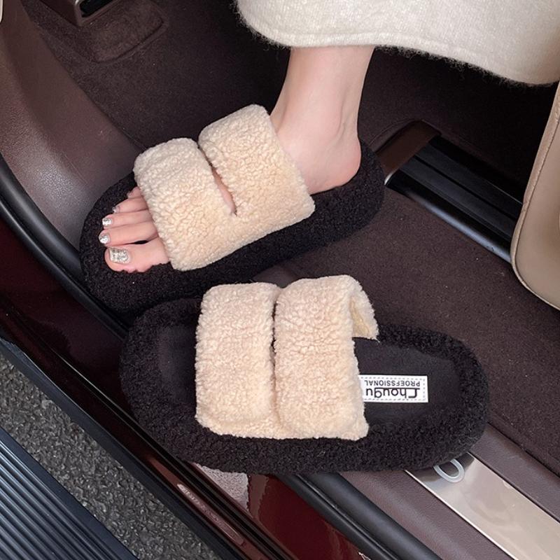 Women Flats Fur Slippers Casual Platform Shoes 2025 Winter New Open Toe Woman Flip Flops Cozy Walking Slides Zapatillas