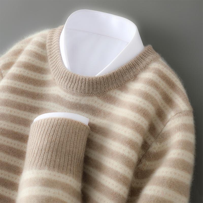 Men's 100% Pure Wool Striped Round Neck Sweater - Casual Cashmere Knitwear