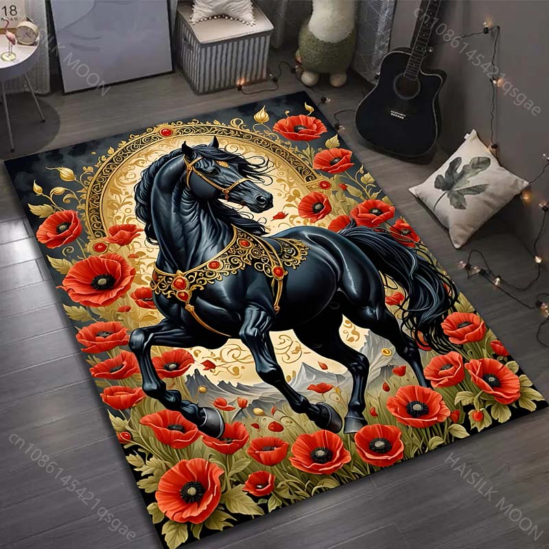 1 Stück Teppich mit Blumen- und Schwarzes-Pferd-Druck für Schlafzimmer, Wohnzimmer, Bettseite, Sofa, Bodenmatte, Moderne Heimdekoration, Bereichsteppich