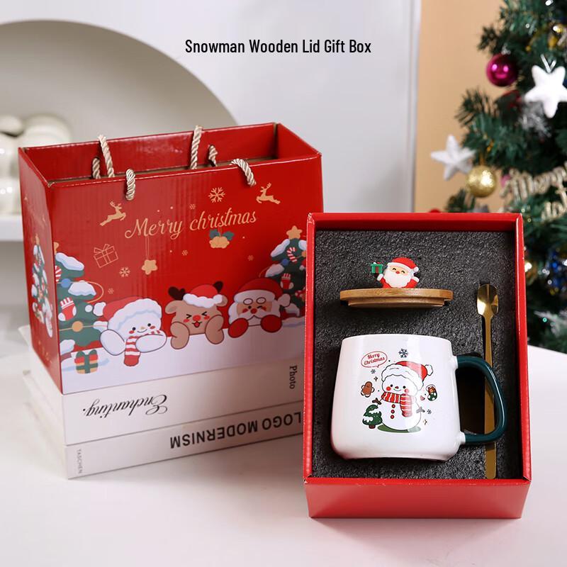 WJ Christmas Cartoon Ceramic Coffee Mug Gift Wooden Lid Gift Box Set