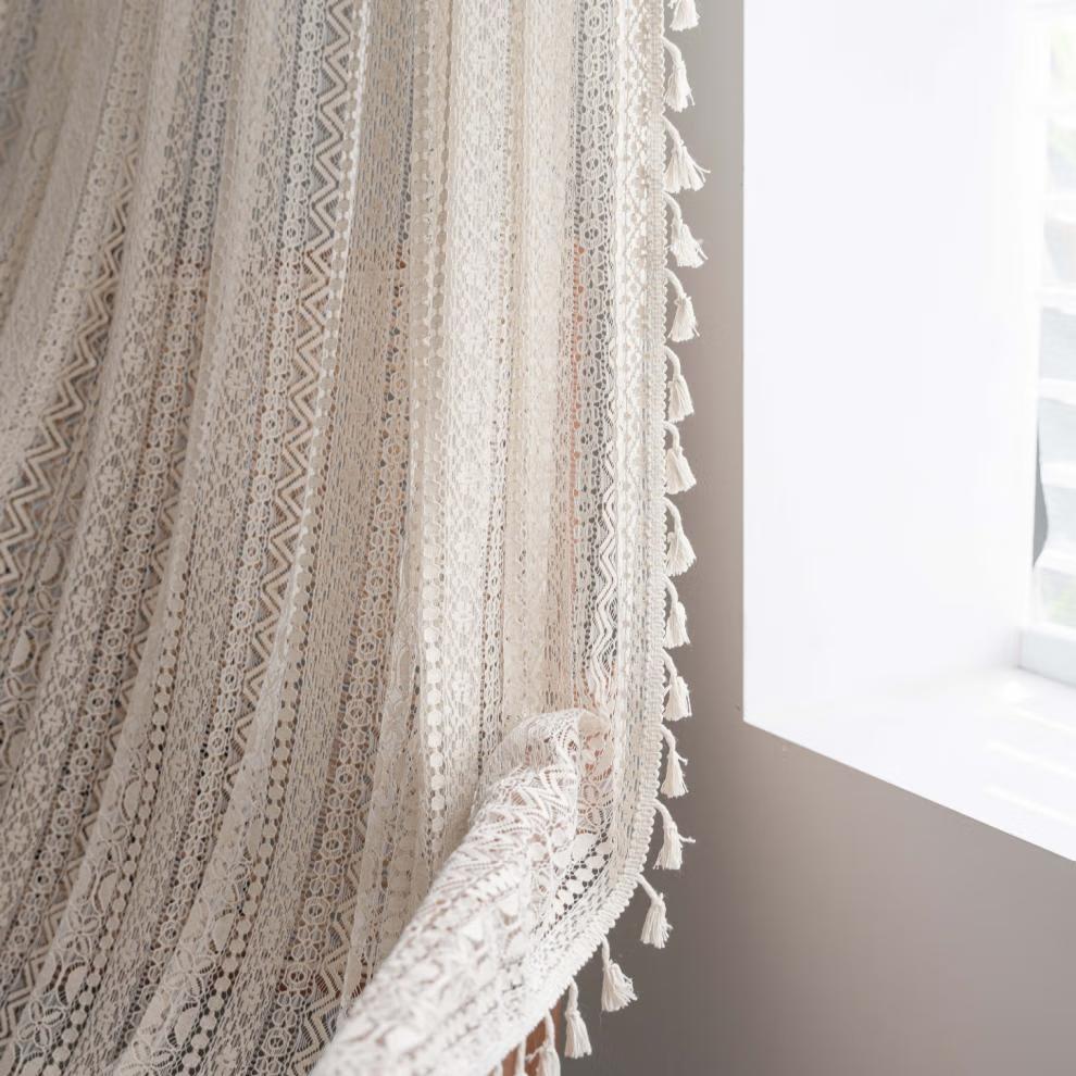 Vintage Geometric Wave Lace Curtain with Tassel, Romantic Semi Sheer Light Filtering Lace Drapes for Living Room Bedroom Kitchen, Multi-Size Available