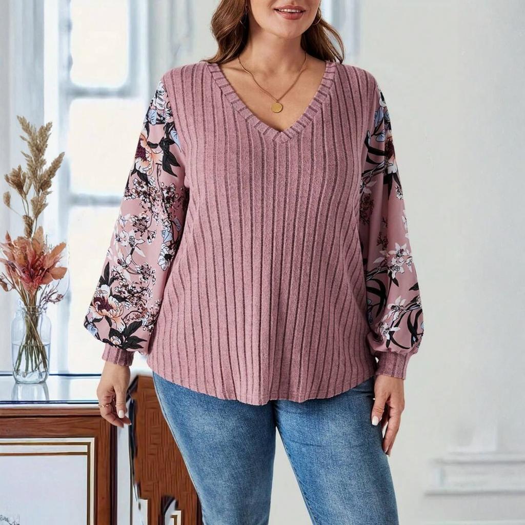 Women’s Long Sleeve Tops V Neck T Shirts Color Block Knit Casual Tops Basic Shirts