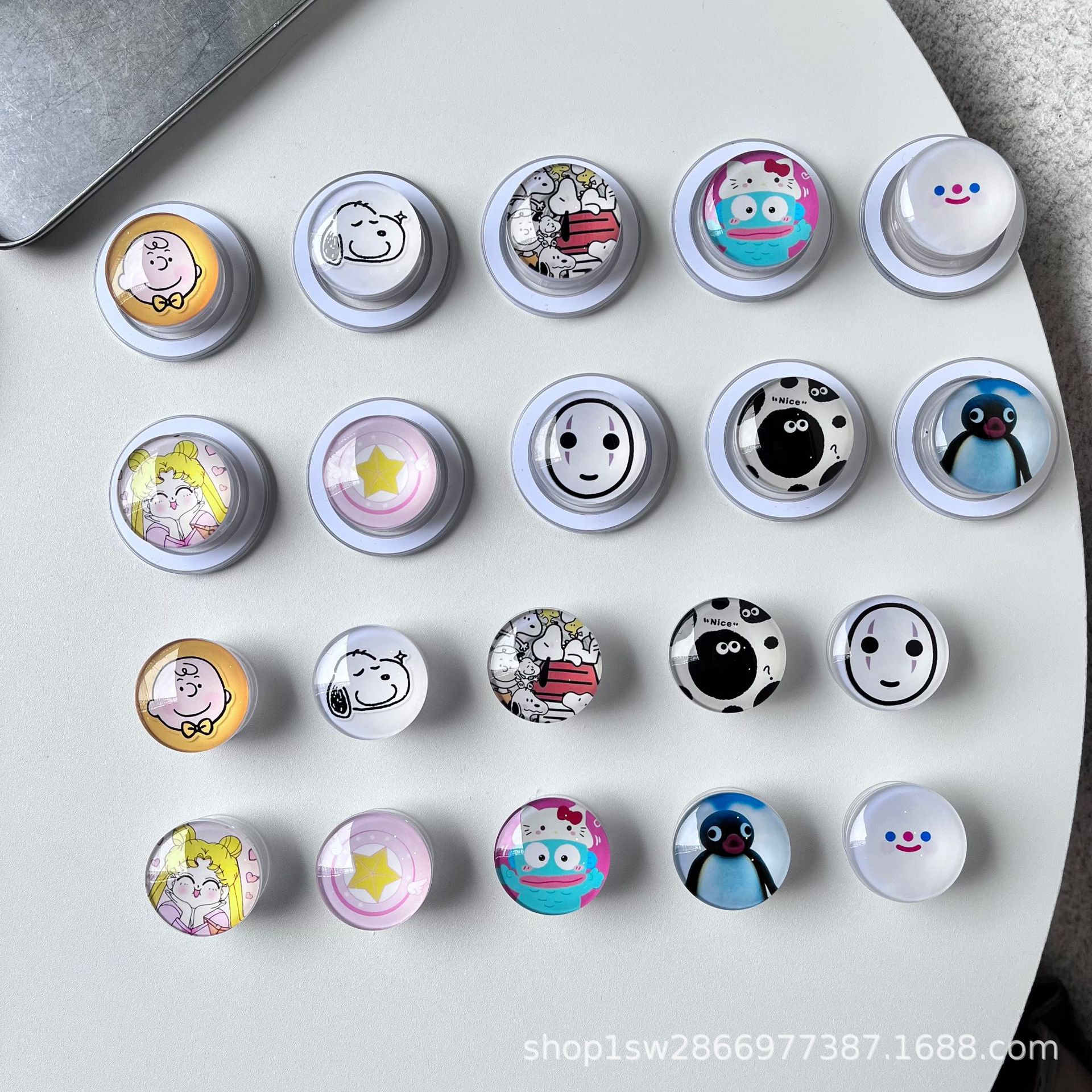 Snoopy & Charlie Magnetic Phone Holder - Retractable, Detachable Airbag Stand with Glass Back Sticker. Transparent Clownfish
