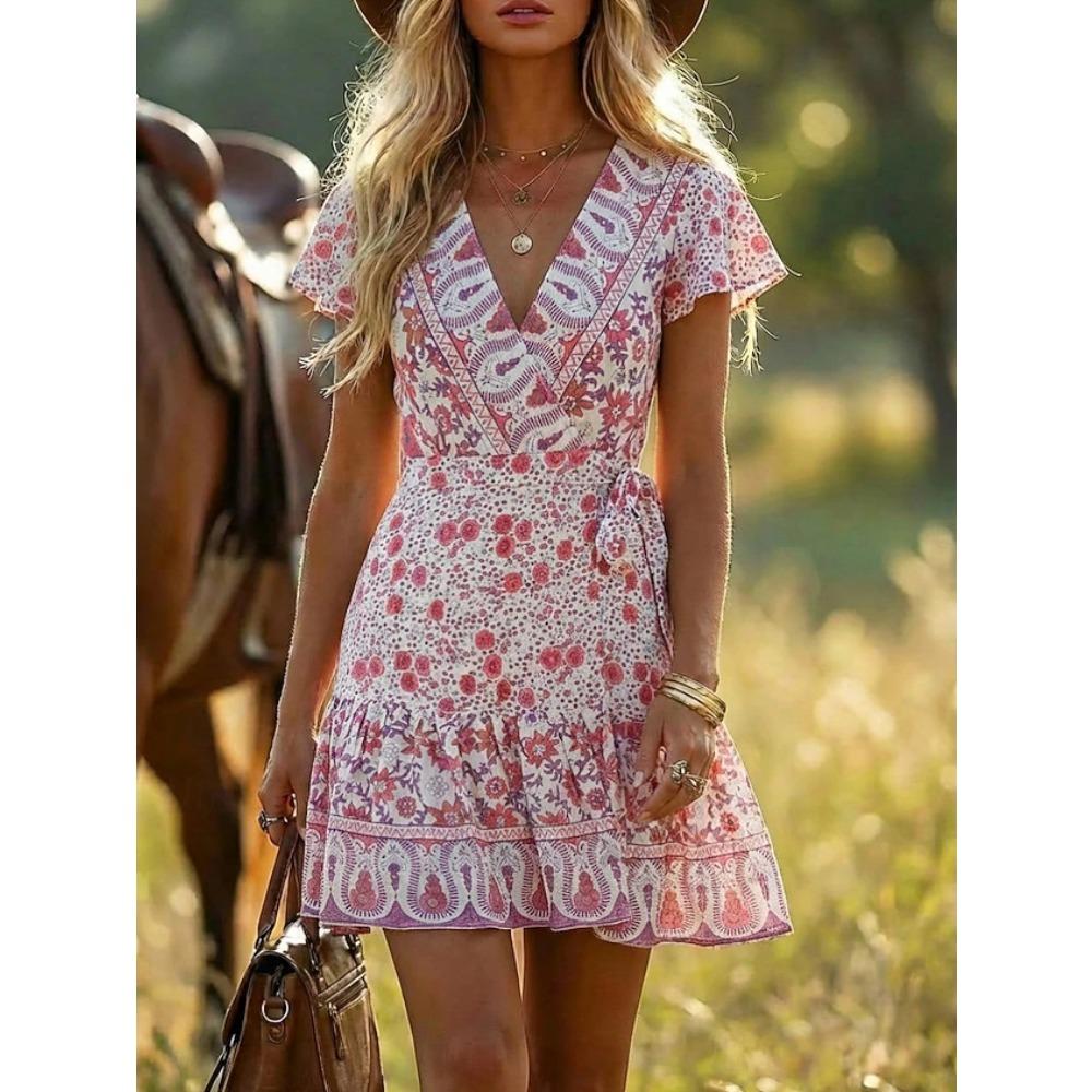 Women's Boho Floral Print V Neck Wrap Short Sleeve Ruffle Hem Mini Dress