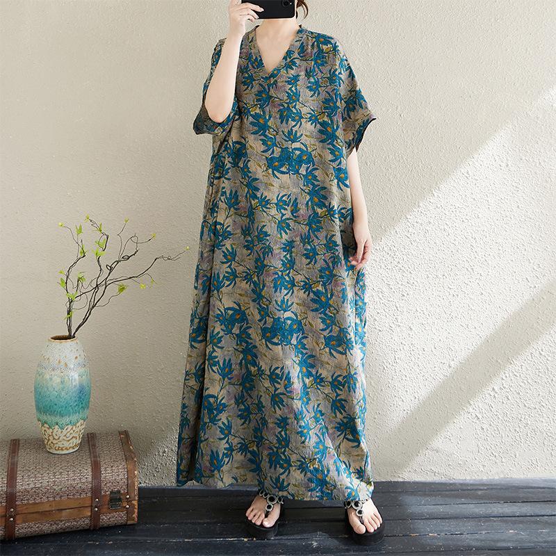 Cotton and linen printed round neck loose large size long sleeve fat MM plus fat plus size fake literary retro dress