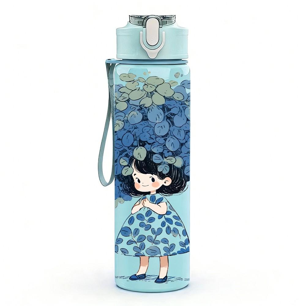 1PC Girl Big Blue Flower Hair Print 750ml Color Plastic Sports Water Bottle Leakproof Flip Straw Lid Suitable for Sports Office Home Use