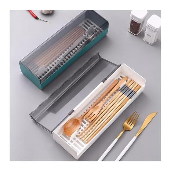 2-Piece Cutlery Case with Lid, Cutlery Storage, Draining, Chopstick Holder, Large Capacity, Dustproof, Kitchen Storage Box, Plastic, Lid, Tableware