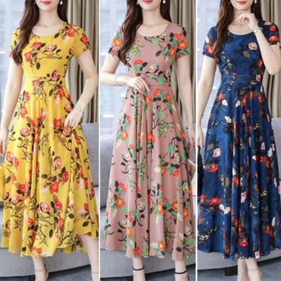 O-neck Short Sleeve Waist Tight Pleated Large Hem Summer Dress Elegant Floral Print A-Line Midi Dress Female Clothing