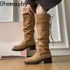 Winter Platform Height Increase Woman Western High Boots Fashion Thick Heel Shoes Female Punk Vintage Slip On Long Booties