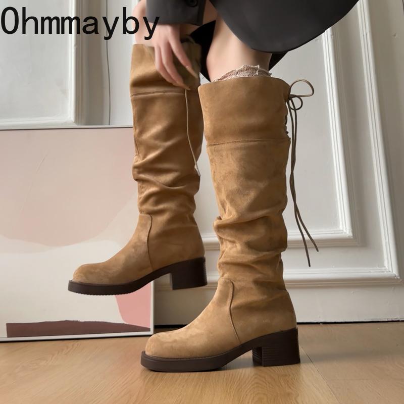 Winter Platform Height Increase Woman Western High Boots Fashion Thick Heel Shoes Female Punk Vintage Slip On Long Booties