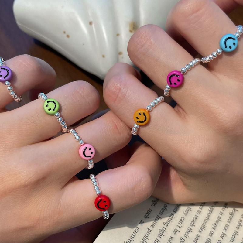 Fashionable Summer 2024 Korean Colorful Smiley Face Ring With Elastic String