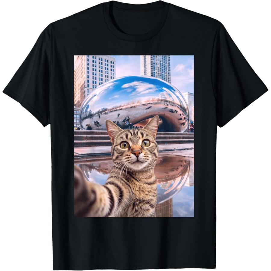 Funny Cat Selfie Chicago Bean Cloud Gate T-Shirt S