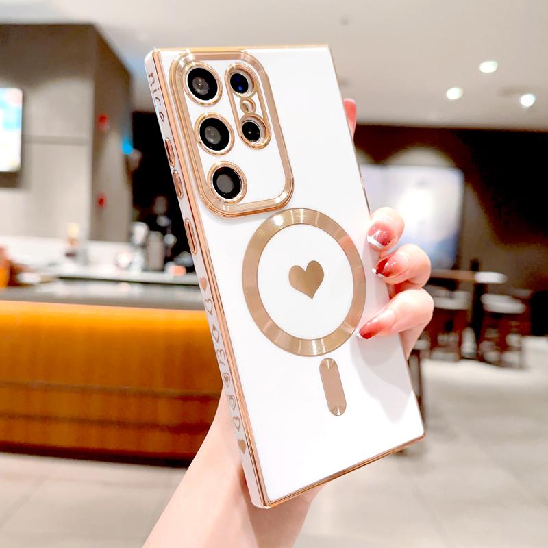 Plating Soft TPU Case For Samsung Galaxy S26 S25 S24 S23 S22 S21 Ultra Plus For Magsafe Magnetic Charge Love Heart Full Cover