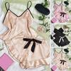 2 Pcs/Set Women Pajamas Set Satin Spaghetti Strap Sleeveless Backless V Neck Top Elastic Waist Ruffle Pleated Bow Decor Shorts