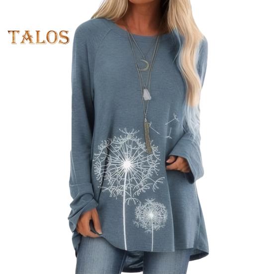 

Женская туника больших размеров с принтом одуванчика, удлиненная рубашка с круглым вырезом и длинными рукавами, футболка-пуловер свободного кроя для работы, повседневной жизни XXXL синий