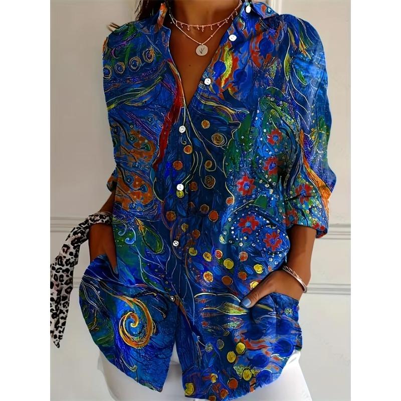 Mode Dames Zomer Revers Knopen Down Shirt 3D Gezicht Print Lange Mouwen Shirt Casual Grote Maat Outdoor Strand Bloemen Shirt