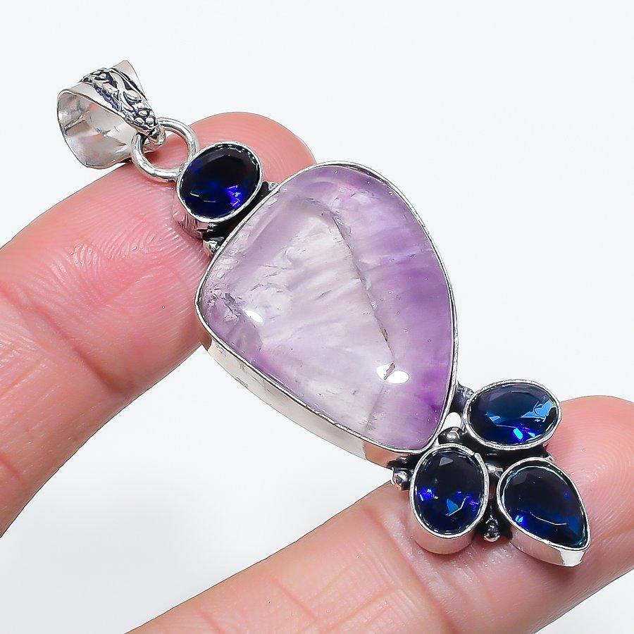 Natural Sage Amethyst, Topaz 925 Sterling Silver Jewelry Pendant 2.56" t1J36