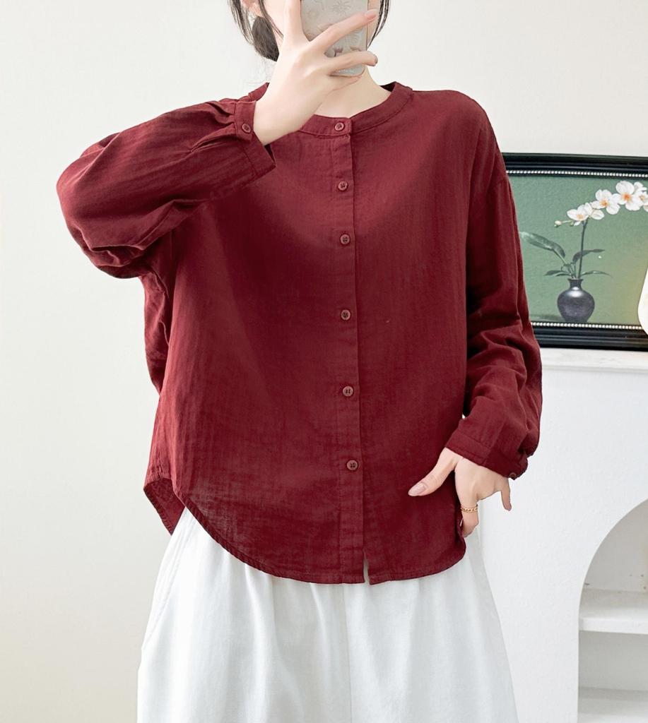 2026 Spring Korean-Style Loose Long Sleeve Cotton Gauze Women's Shirt, Double Layer Stand Collar, Solid Color.