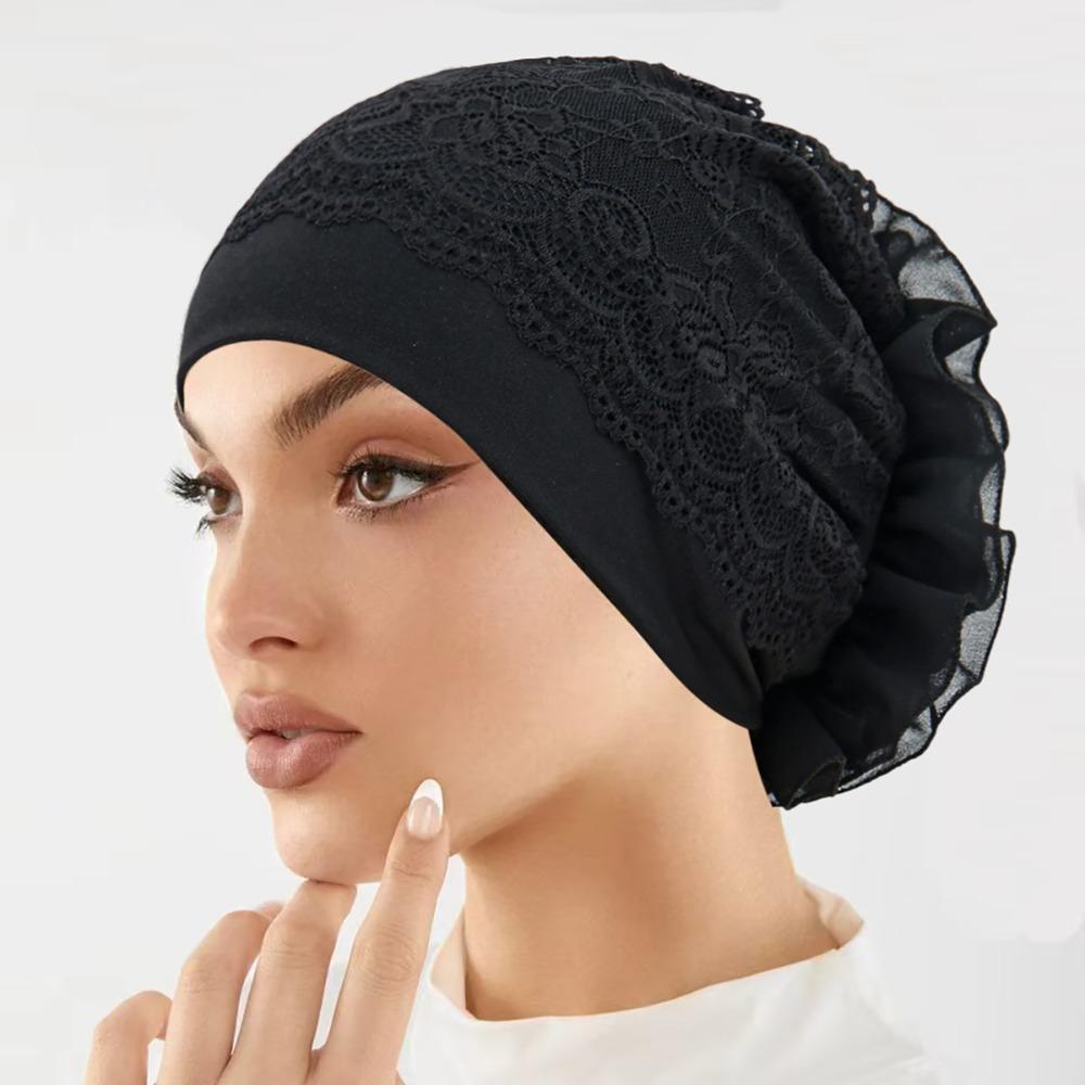 Elegant Headscarf Hat Lace Edge Women's Hijabs Flower Design Pullover Hat  Women Headwear