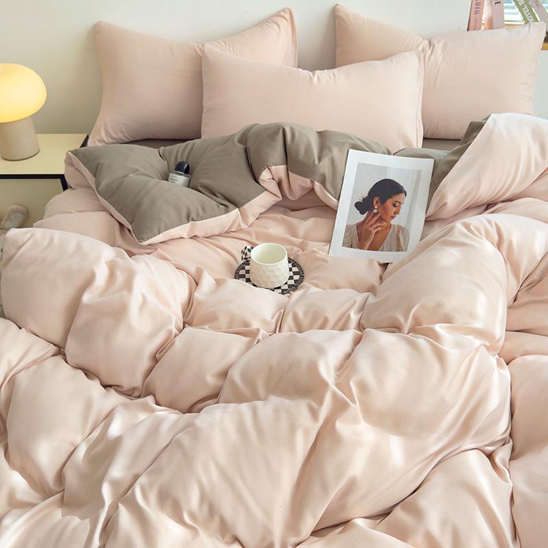 Conjunto de Roupa de Cama Simples de Algodão Lavado Duplamente Torcido - Lençol de Elástico e Capa de Cor Lisa