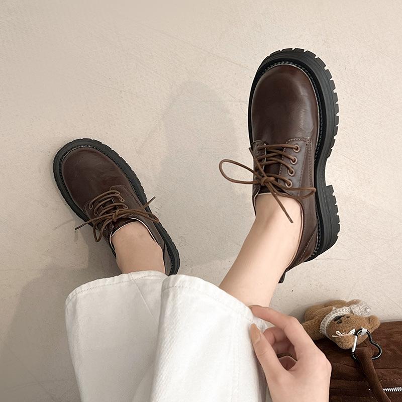 British style platform thick heel single shoes women's retro imitation leather fashion versatile lace-up round head jk small leather shoes