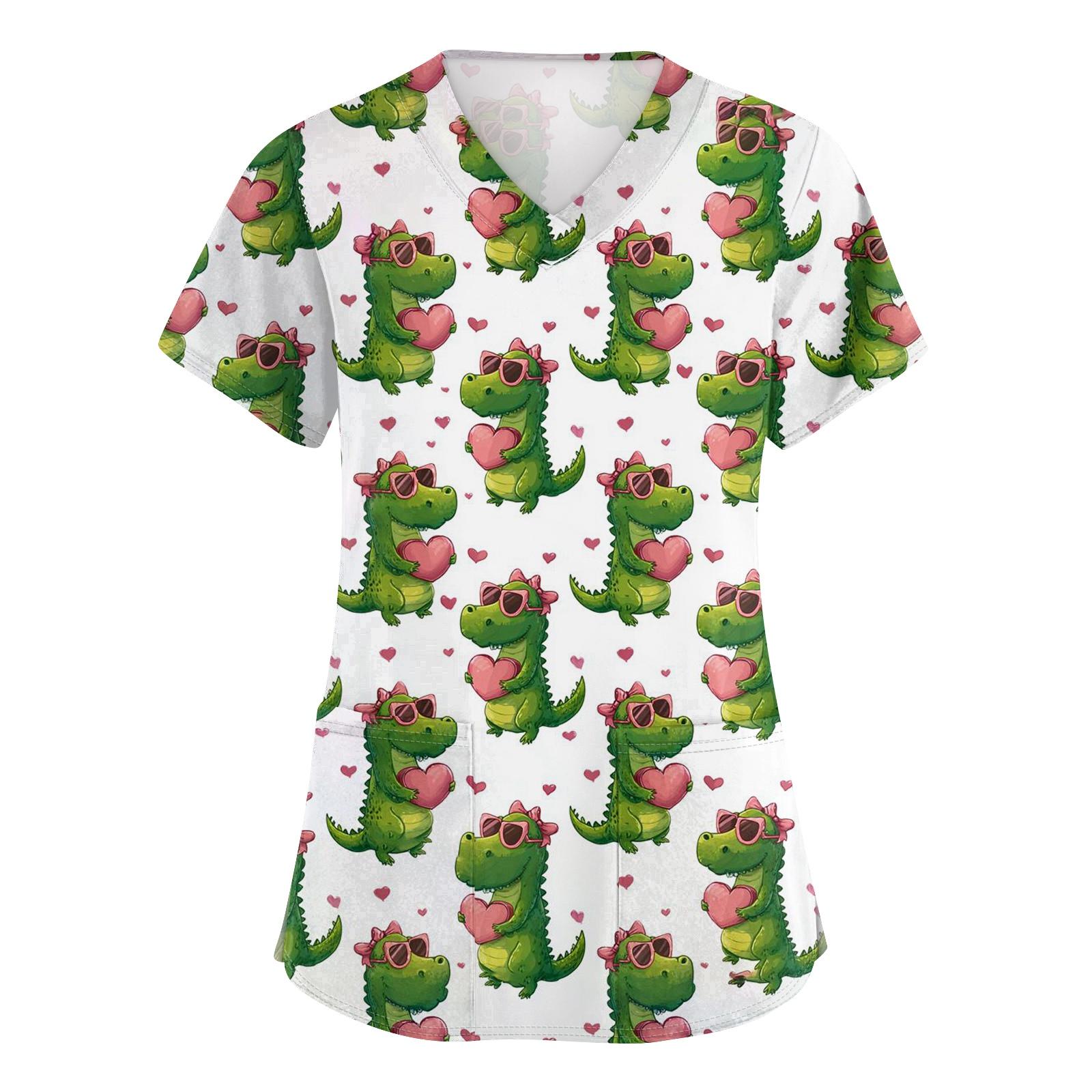 

Жіночий топ захисного костюма з V-подібним вирізом, принтом до Дня святого Валентина, коротким рукавом, кишенею, бічним розрізом XXL ціан