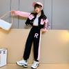 Spring and Autumn Junior Girls Baseball Suit Clothing Kids Splicing Lapel Jacket Casual Long Pants 2 Pcs Sweatshirt