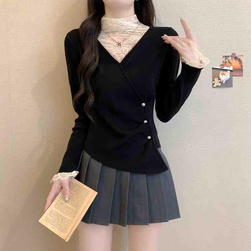 

Plus-Size Lace High Neck Long Sleeve T-Shirt for Women - Irregular Slimming Short Top for Spring and Autumn S чёрный