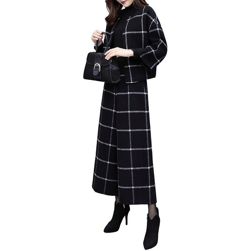 Toamnă Iarnă Coreean Set Casual de Modă Pantaloni Două Piese Palton Scurt Pantaloni cu Picior Larg pentru Femei