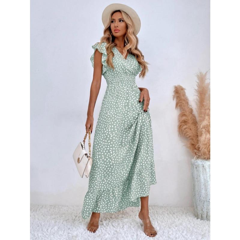 Fashion Short Sleeve Polka Dot Printed Summer Dress V-neck Ruffle Edge Elegant Casual Party Long Dress Women Loose Simple Slim Fit Women's Clothing