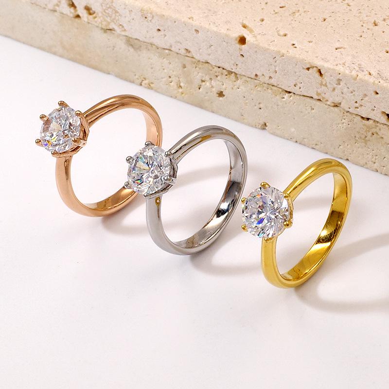 Gold-Plated Titanium Steel Ring with Large Zirconia Stone - Versatile Women's Wedding Band Design