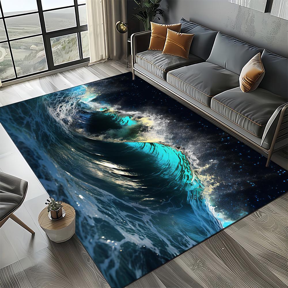 2025 New Style Blue Green Seawater Sea Wave Scenery Carpet Rug for Living Room Bedroom Home Sofa Decoration,Non-slip Floor Mat