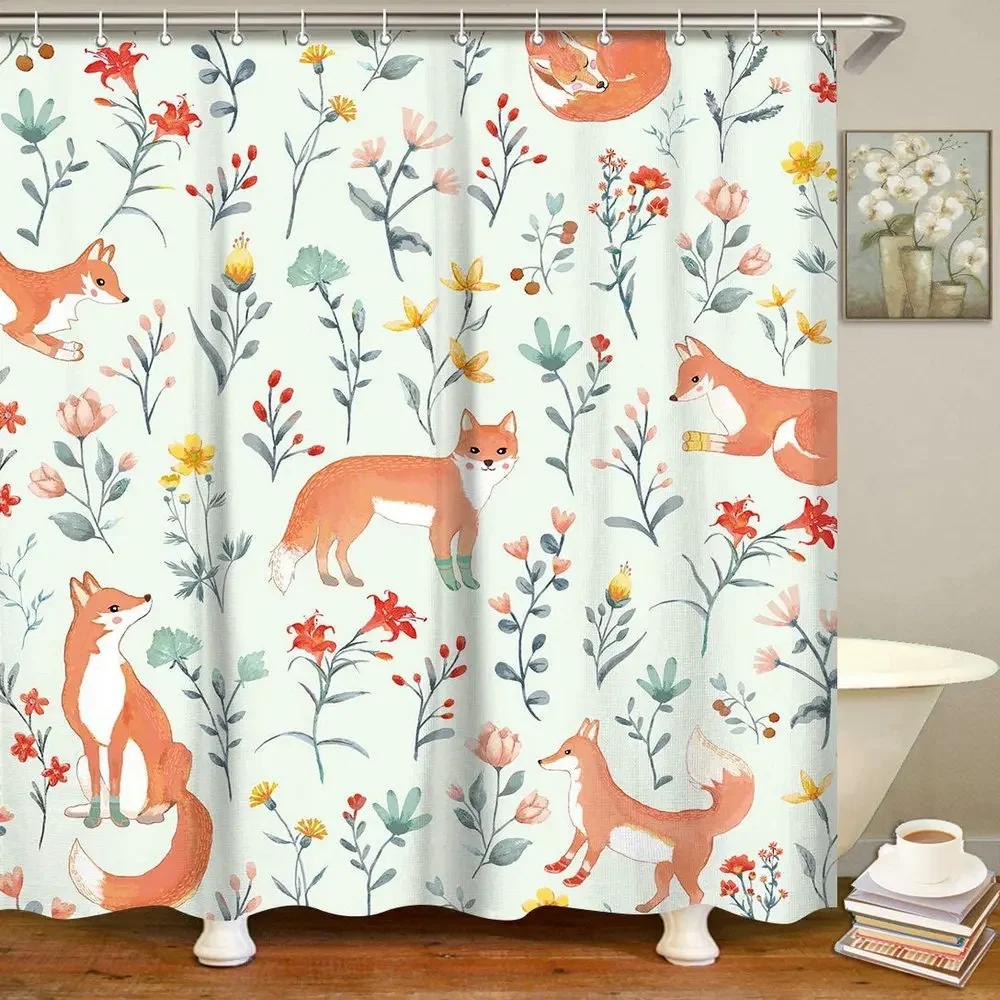 Exquisite Fashion Items Cartoon Fox Animal Shower Curtain Kids Child Bathroom Decor Bathtub Accessories With Hooks Plants Flowers Pastoral Art Screen