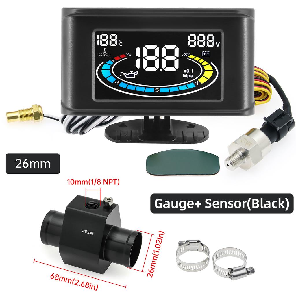 Digital 3 In 1 Car Oil Pressure Meter Water Temp Gauge Voltmeter With 26~40 Adapter(Optional) Universal LCD Gauge 12V 24V