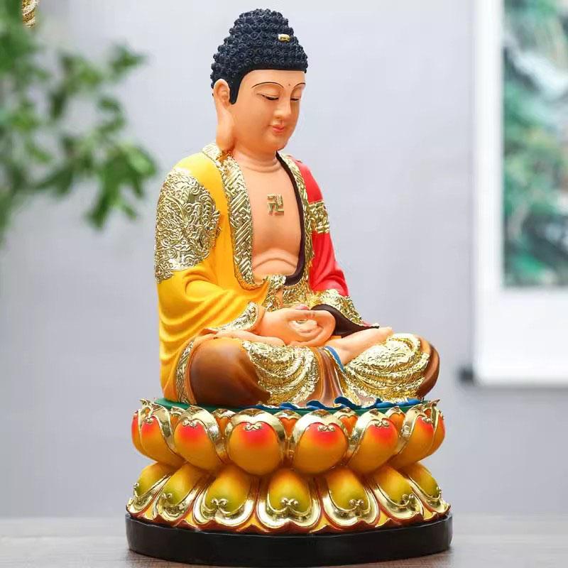 Resin Colored Clothes of Sakyamuni Buddha, Pharmacist, Household Sanbao Buddha, Weighing 5 Kg Buddha Statue