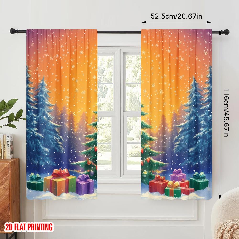 2pcs,2D Plane Printing Print Curtains Christmas Tree Gifts Snowfall (2) Polyester Easy Install (without Rod) Room Decor Perfect