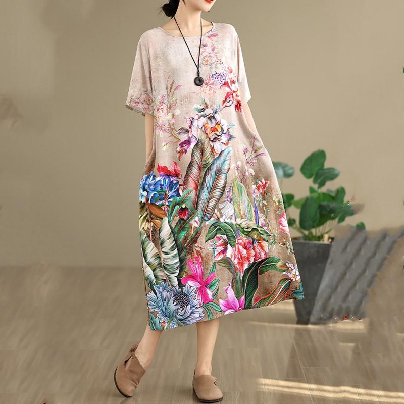 

Новое винтажное платье с цветочным принтом больших размеров с коротким рукавом для женщин, повседневное свободное длинное летнее платье