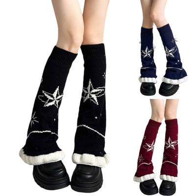Gothic Punk Women Knitted Leg Covers with Star Print Japanese Street Fashion Drawstring Leg Warmers Ruffle Flared Socks