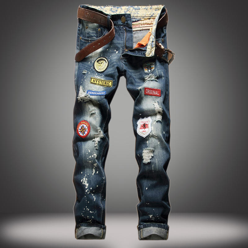 Europäische Und Amerikanische Herren Ripped Jeans Abzeichen Straight Leg Slim Fit Jeans Spritzerfarbe Distressed Trendige Hose
