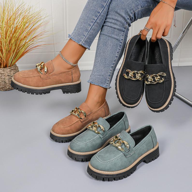 European and American Style Large Size Round Head Thick Sole Metal Chain Low-top Single Shoes Women's Thick Heel Thick Sole Foot Cover Lazy Loafers