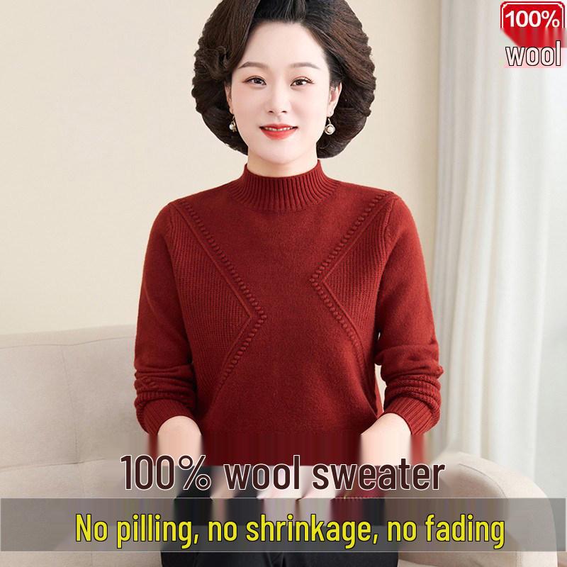 Luomeng 100% Pure Wool Thick Half-Collar Knit Sweater for Middle-Aged & Elderly Women