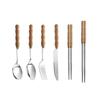Creative Bamboo Handle Stainless Steel Cutlery Set: Round Spoon, Pointed Spoon, Fork, Knife, Chopsticks - Perfect for Home or Restaurant Use