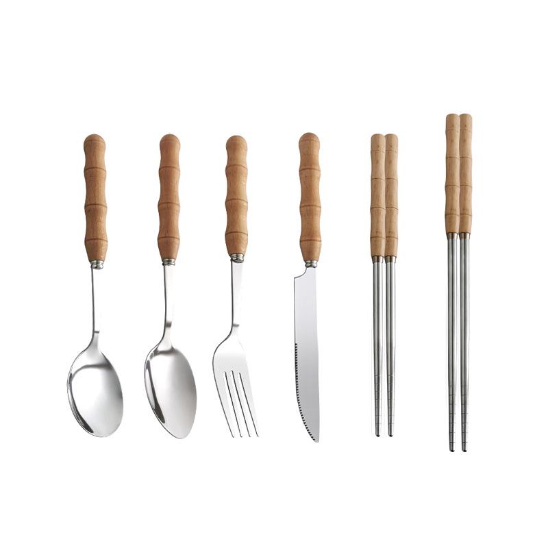 Creative Bamboo Handle Stainless Steel Cutlery Set: Round Spoon, Pointed Spoon, Fork, Knife, Chopsticks - Perfect for Home or Restaurant Use
