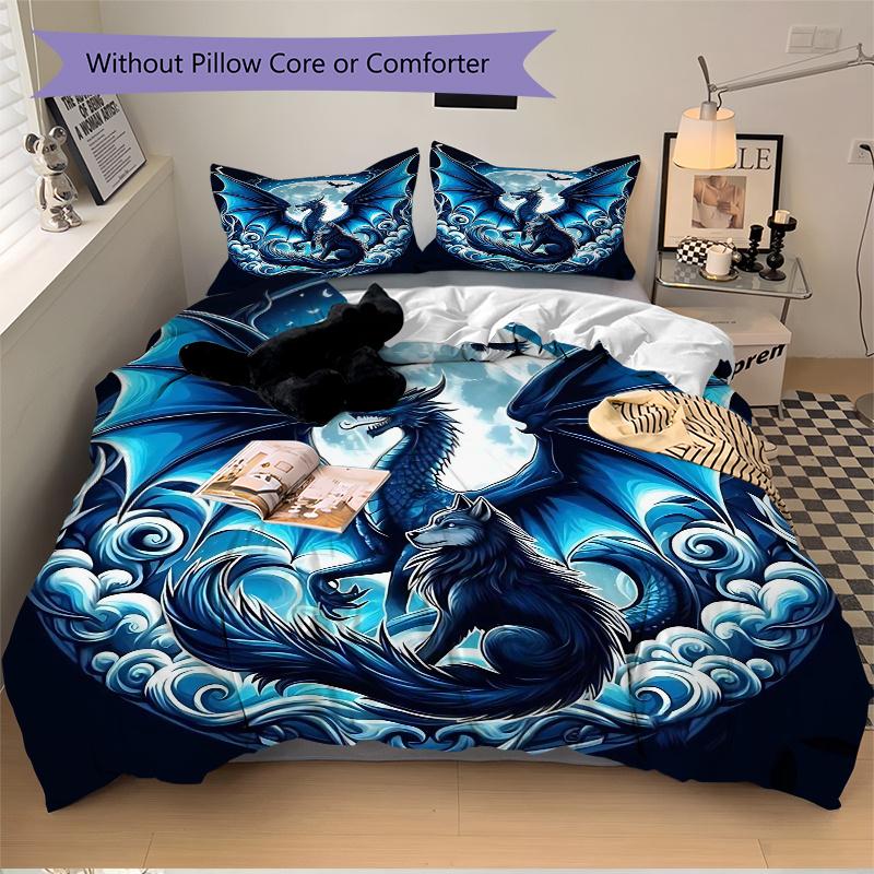 3pcs Dragon and Wolf in a Mystical Night Sky Printed Quilt Set - Soft and Comfortable Quilt Cover for Bedroom, Guest Room J022
